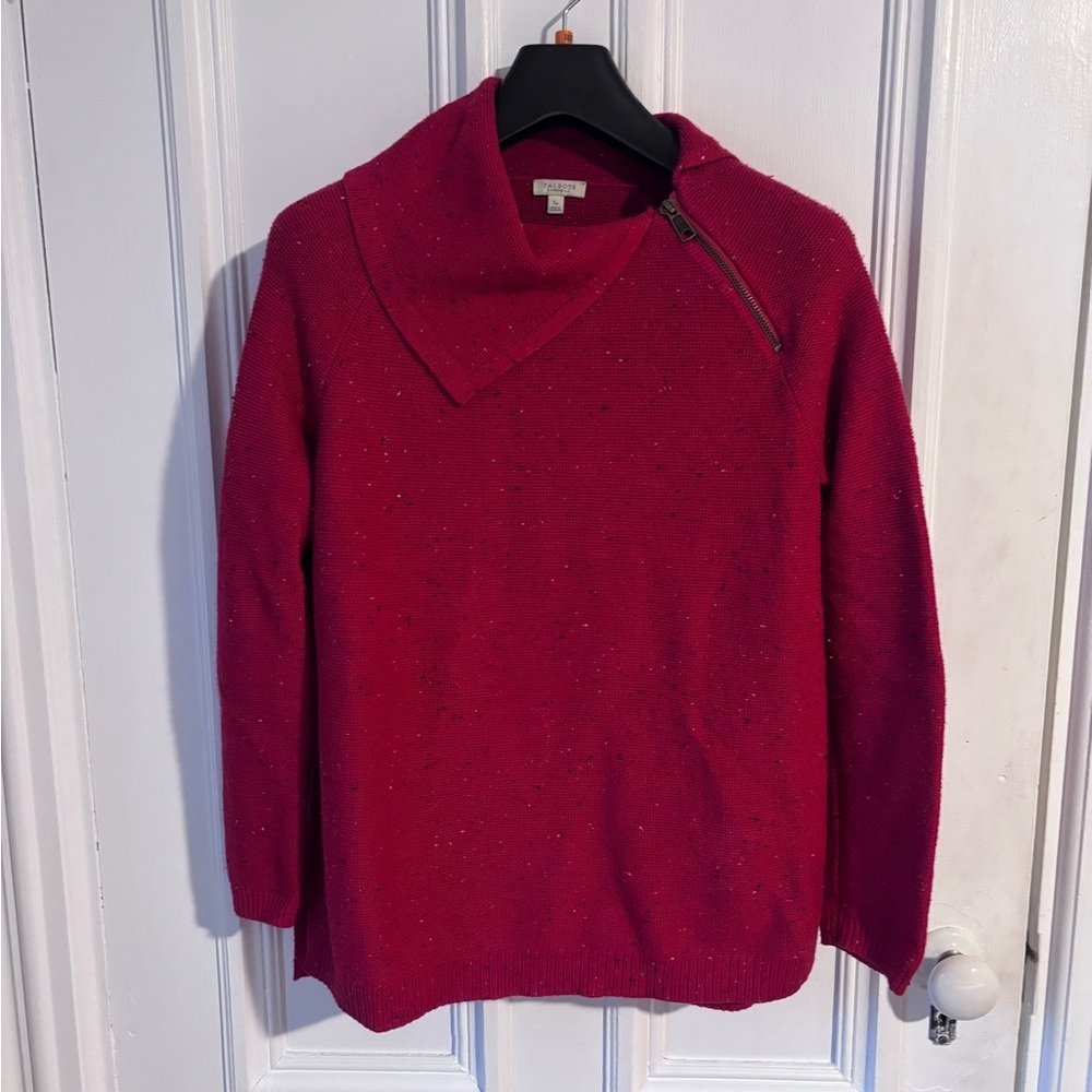 Women’s Talbots Red Speckled Zip Cowl Neck Tunic Length Sweater Small petite